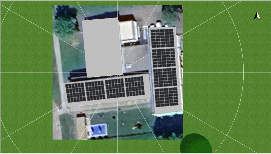 Visualisierung der geplanten PV-Anlage auf dem Schulkomplex Bösingen (Luftbild)
